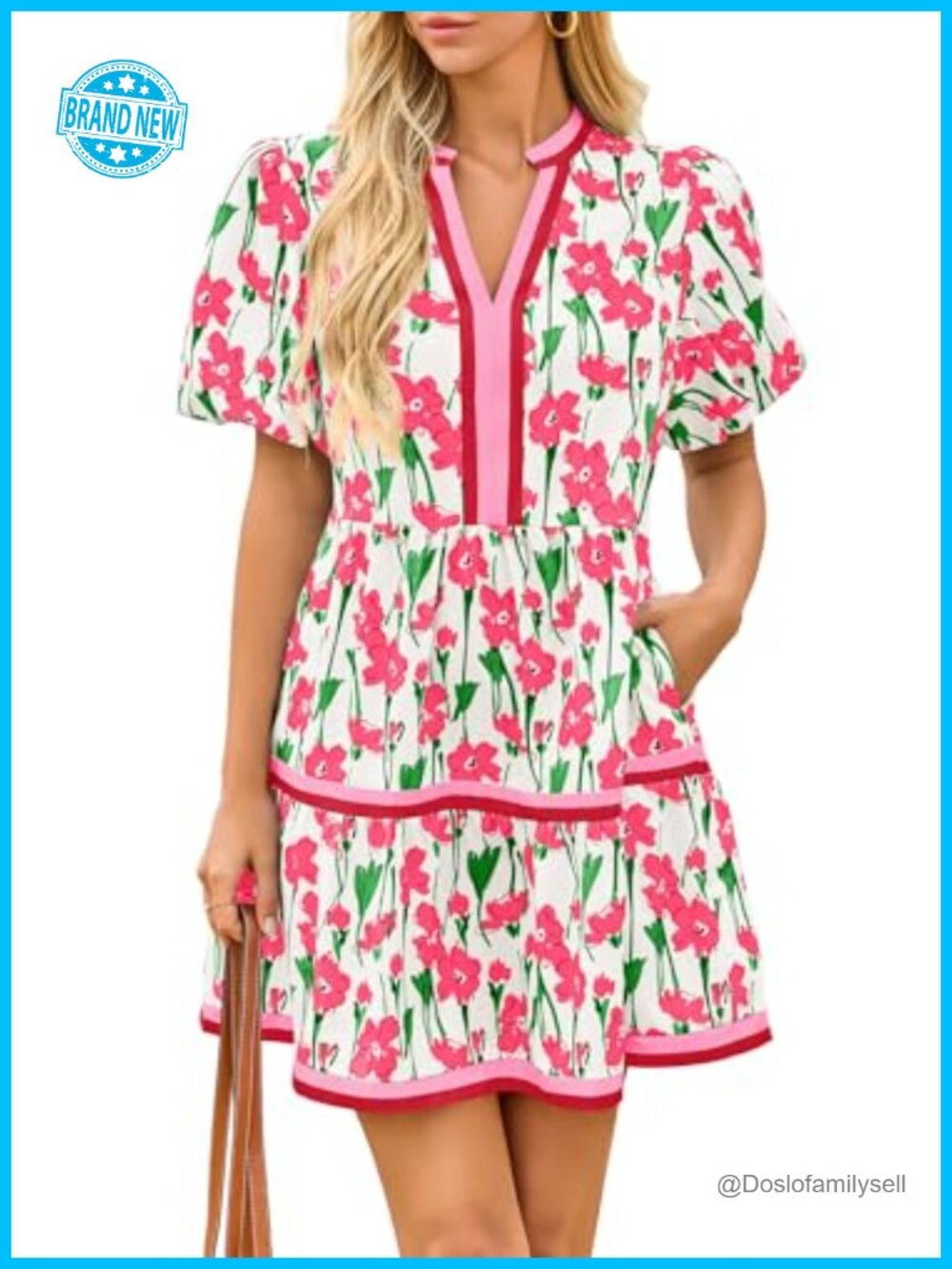 Womens Floral Mini Dress Puff Sleeve V-Neck Boho Beach Casual